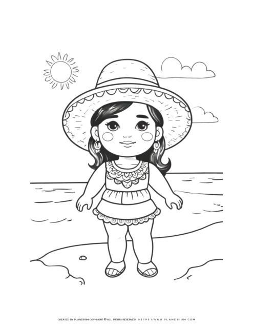 mexican-girl-with-summer-dress-sombrero-hat-sandals-standing-on-the-beach-coloring-page-for-kids