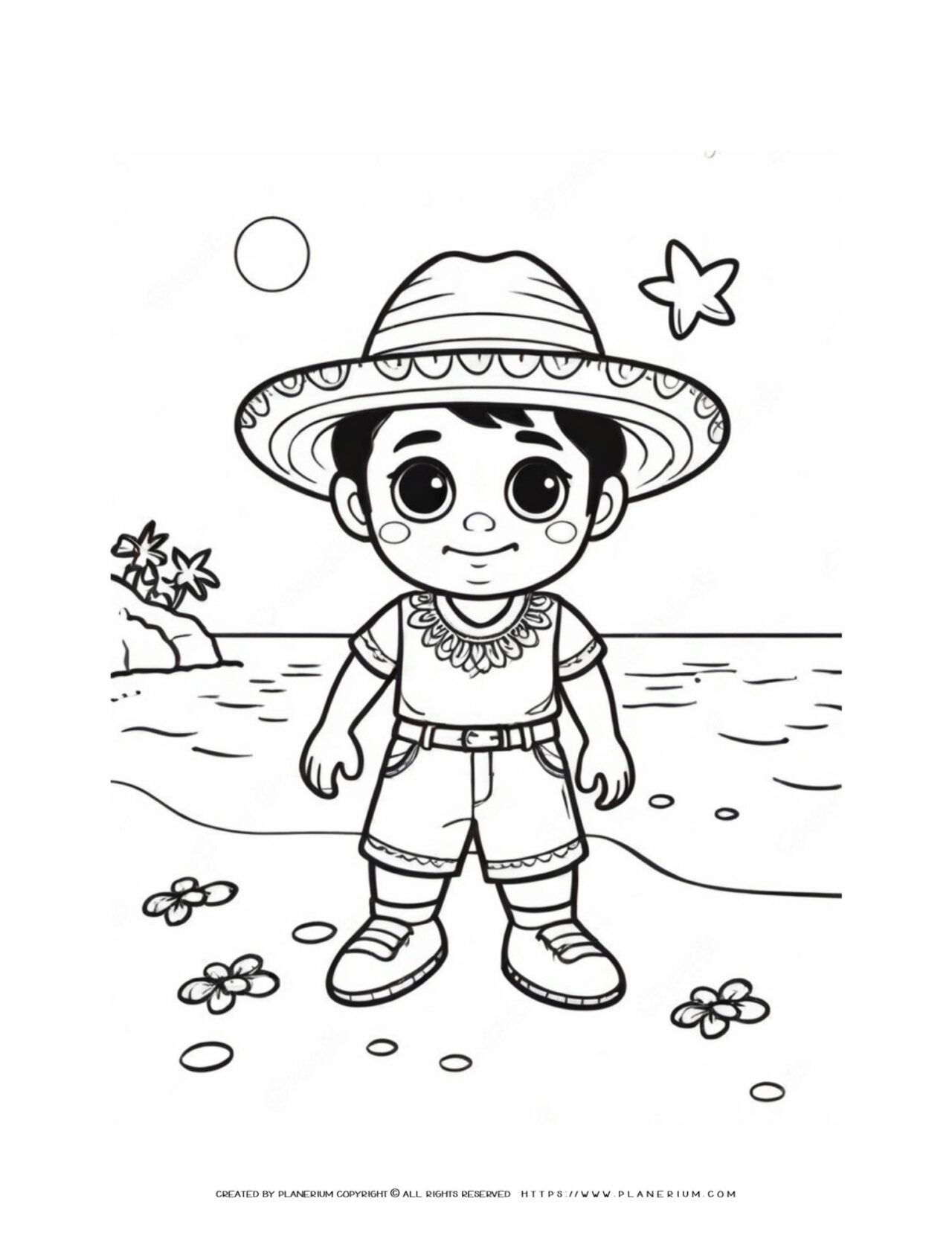 mexican-little-boy-with-summer-clothes-sombrero-hat-standing-on-the-beach-coloring-page-for-kids