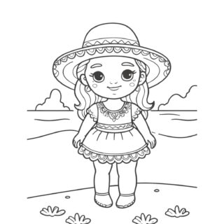 mexican-little-happy-girl-with-summer-dress-sombrero-hat-standing-on-the-beach-coloring-page-for-kids