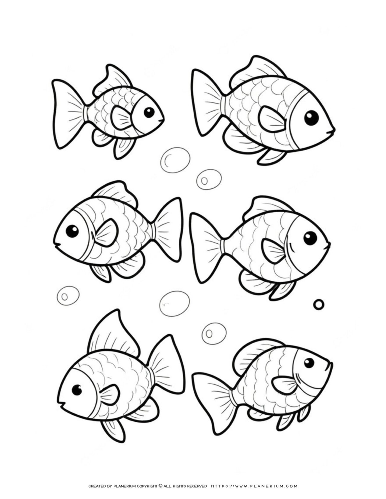 Five-cartoon-goldfish-with-bubbles-black-and-white
