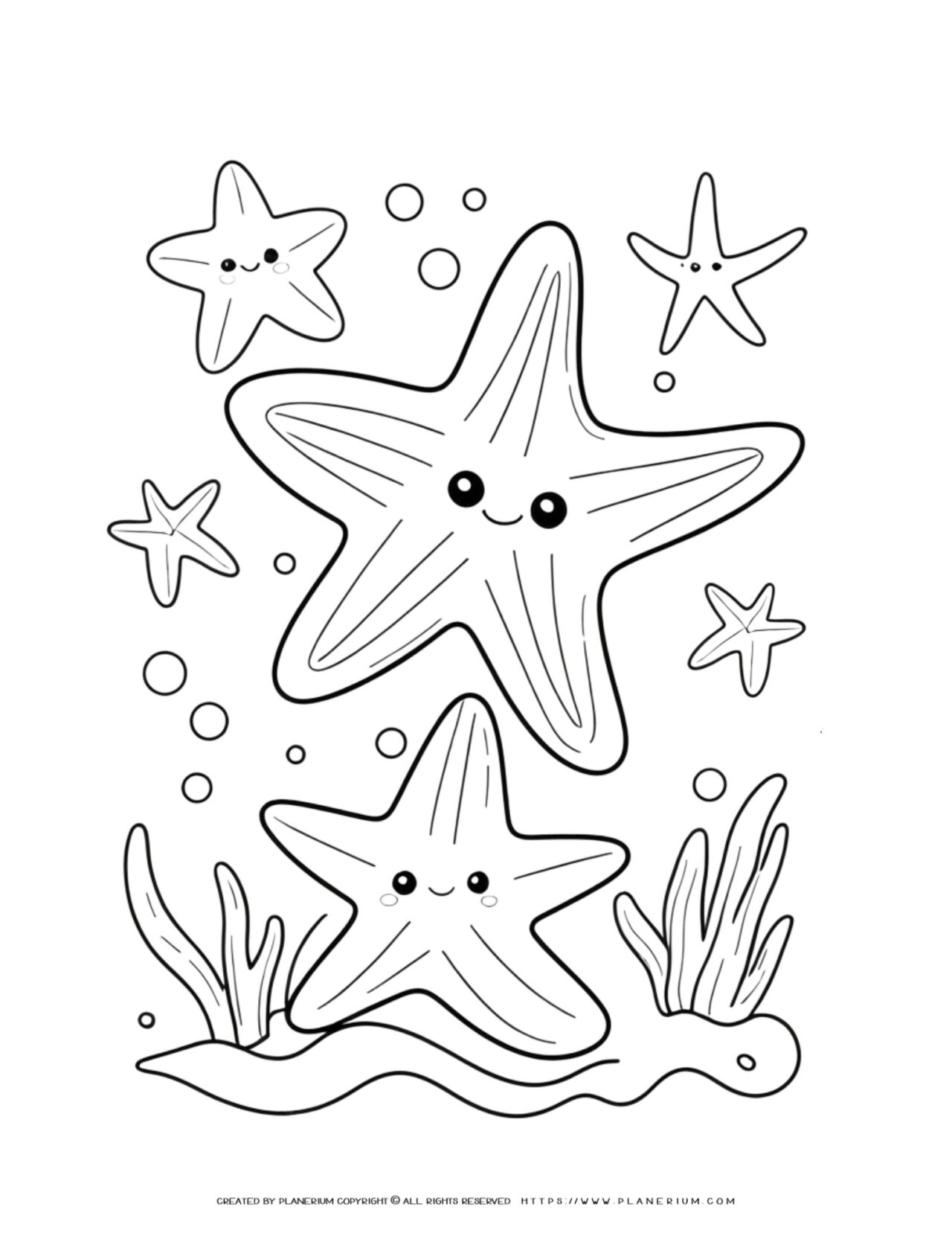 Coloring-page-featuring-smiling-starfish-and-seaweed