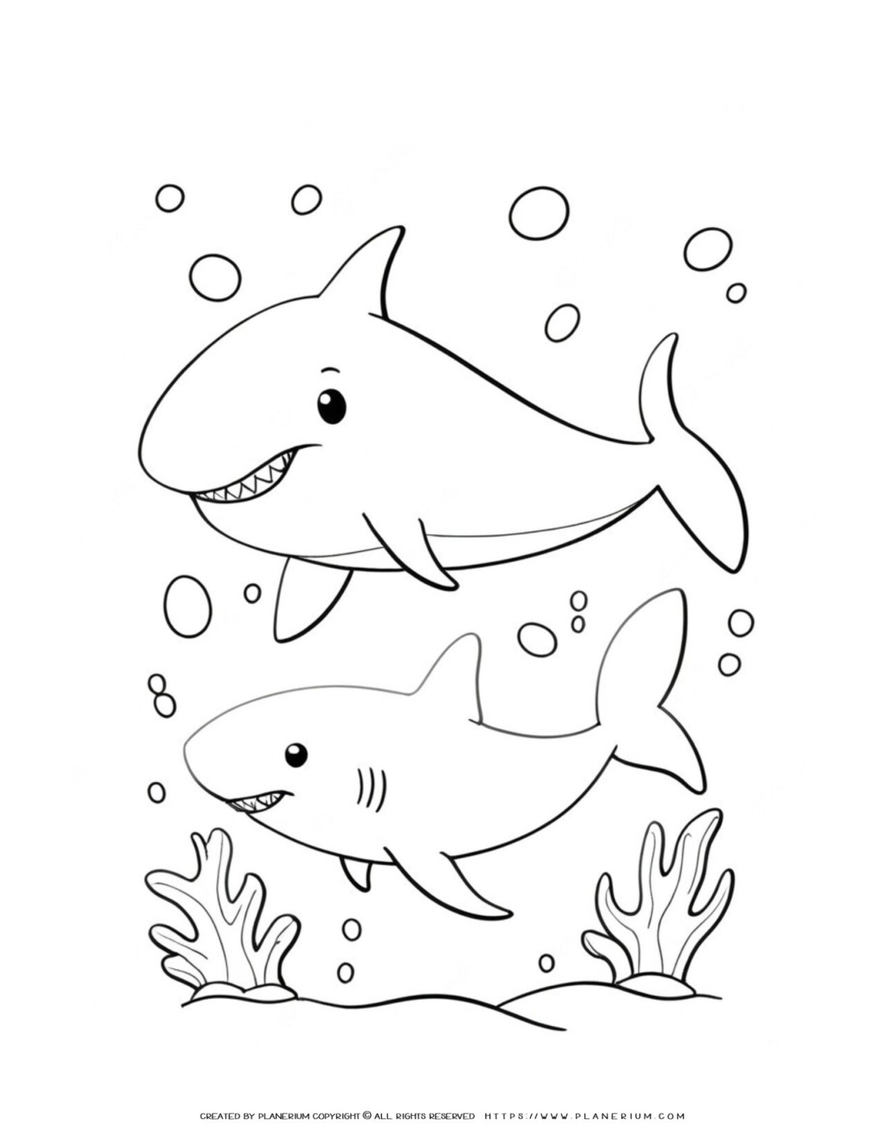 Coloring-page-with-two-cartoon-sharks-underwater