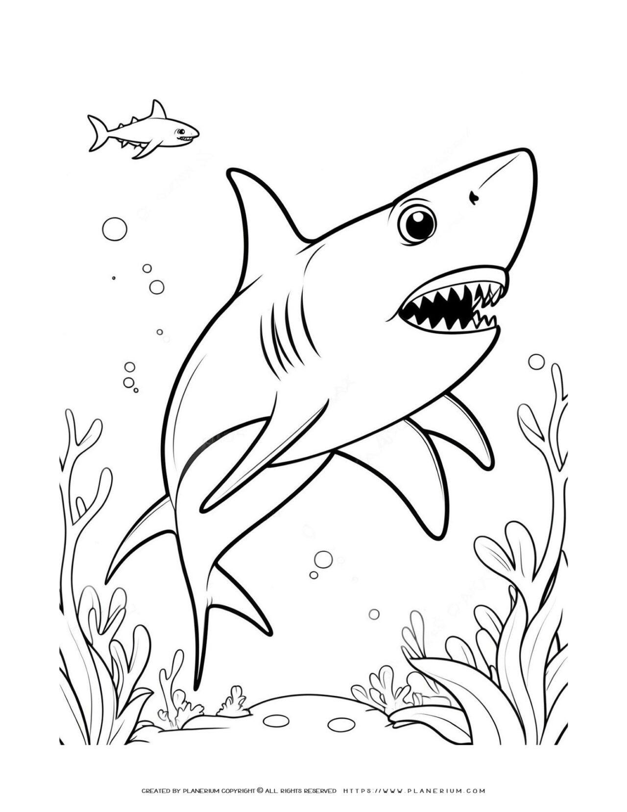 Shark-and-fish-coloring-page-for-kids-underwater