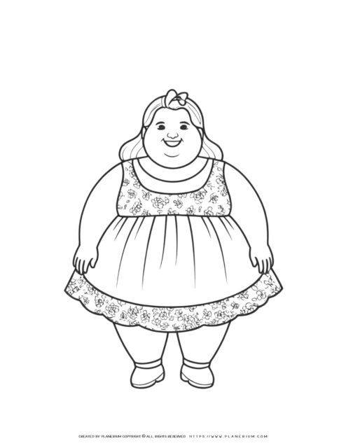 Coloring page of girl in floral dress.