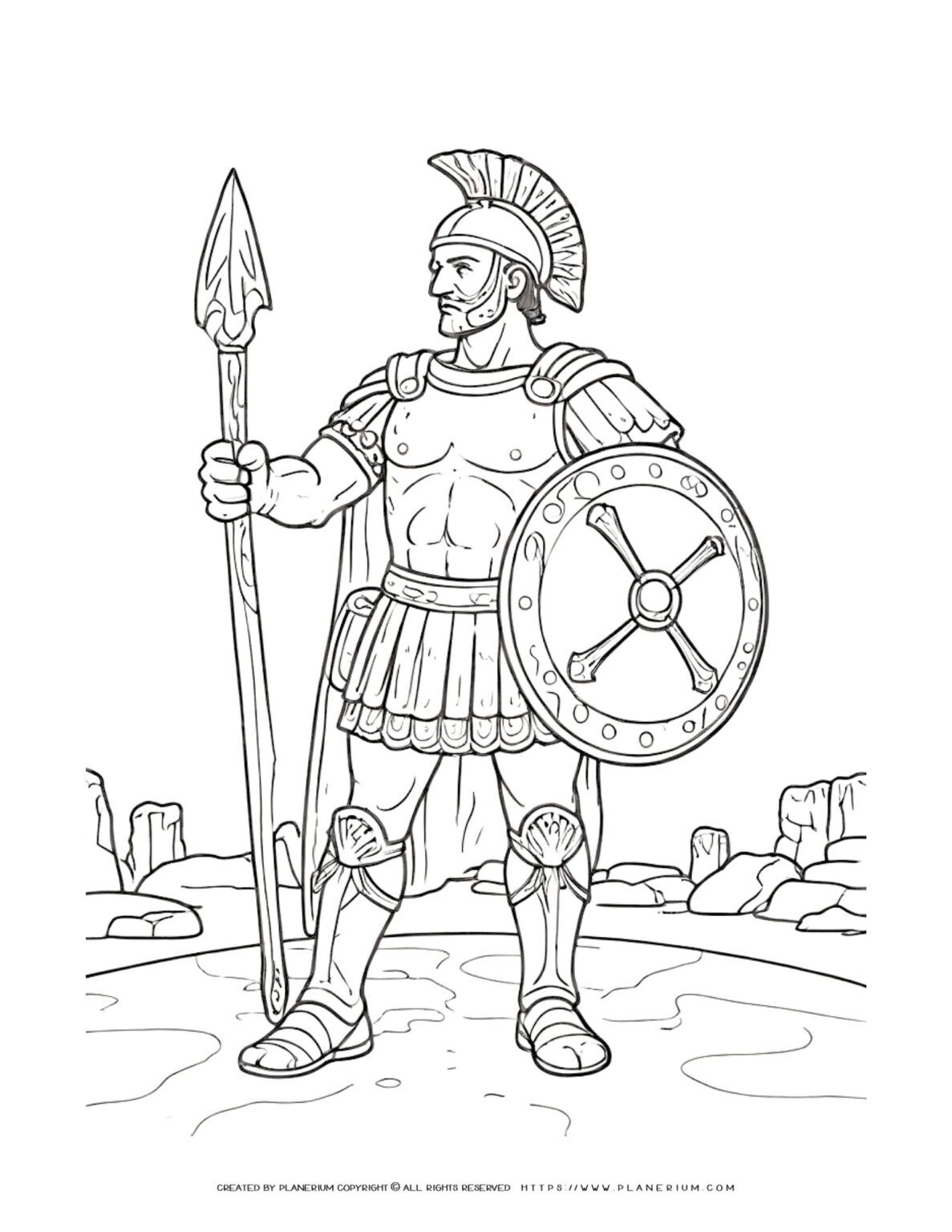 Ancient Roman soldier coloring page illustration for kids to enjoy and learn about history. Perfect for educational purposes and creative fun.