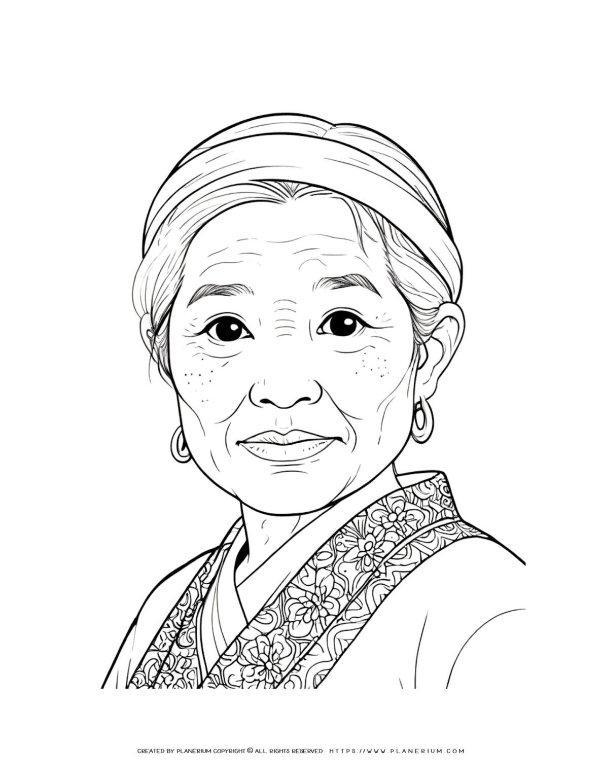 Asian Old Woman Portrait Coloring Page Printable Adult Coloring Sheet