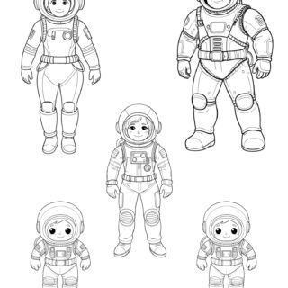 Astronaut family coloring page illustration for kids to enjoy. Perfect for space-themed activities and educational purposes.