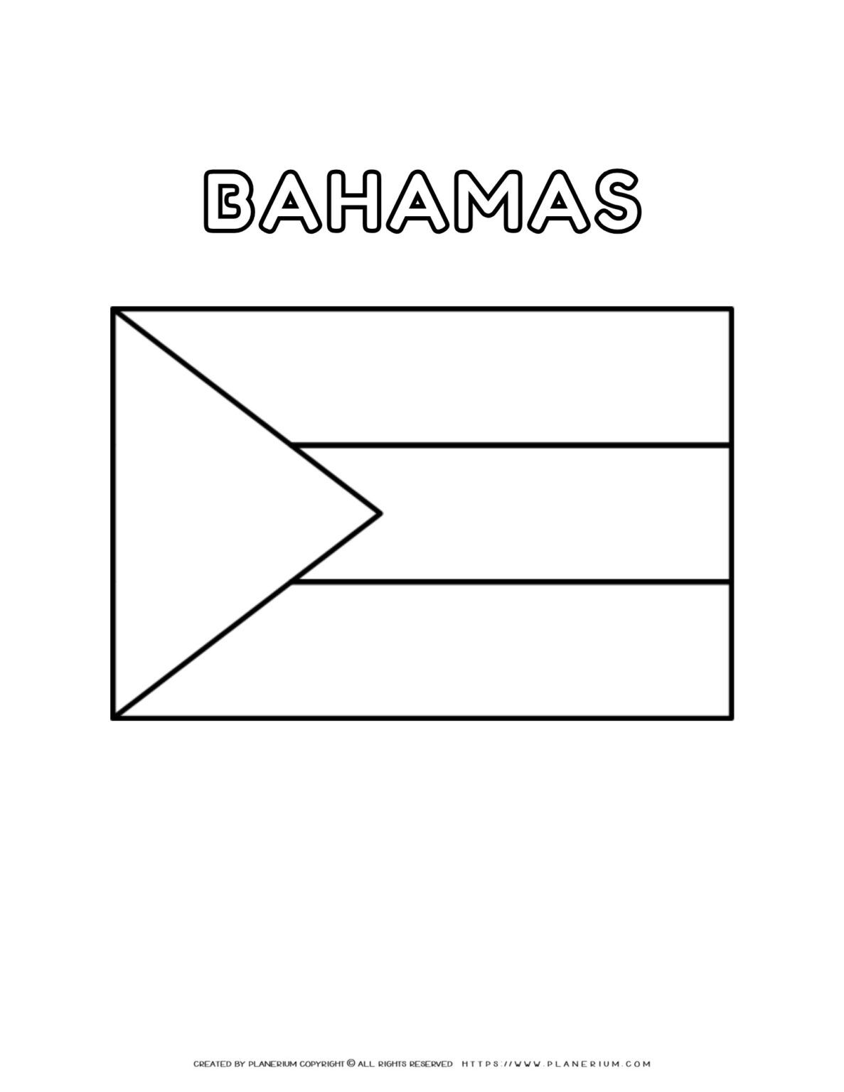 Coloring page of the Bahamas flag for kids to learn about
national symbols and colors. Perfect for educational purposes and patriotic
activities.