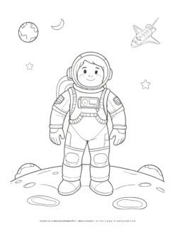 Coloring page illustration of a cartoon astronaut on the moon surface