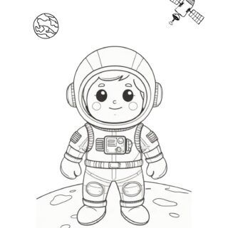Cartoon astronaut exploring moon surface with Earth and satellite in the background. Ideal for space enthusiasts and science lovers.