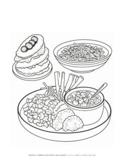 Black and white drawing of assorted dishes