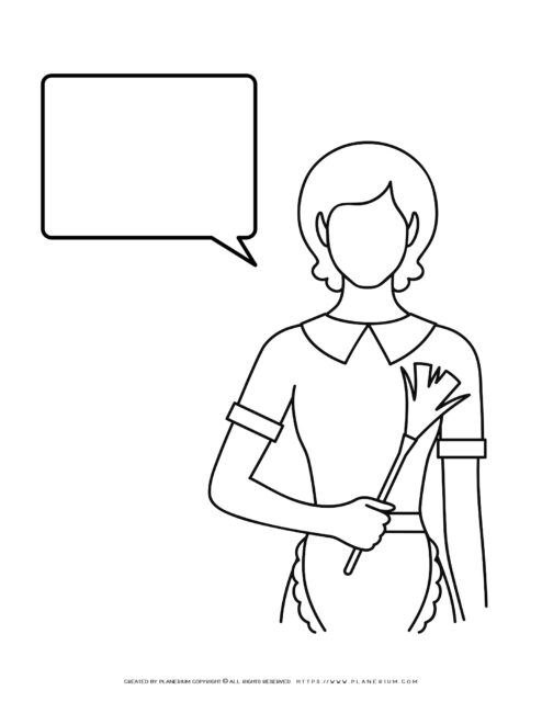 Housemaid holding a feather duster with speech bubble.