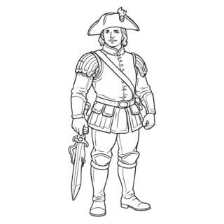 Colonial soldier in military uniform with sword coloring page for kids. Perfect for history lessons and educational activities.