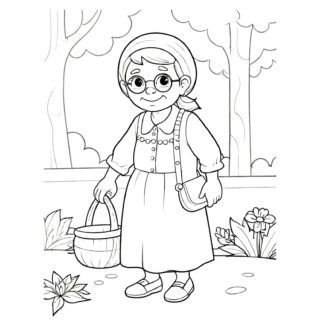 Coloring Page of a Comic Old Lady with Glasses Holding a Basket Walking in Nature Illustration