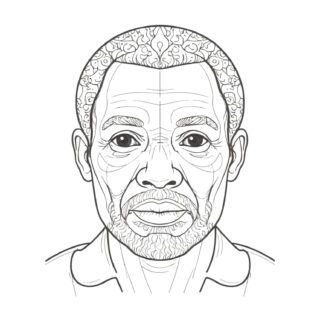 African old male face with beard coloring page illustration for adults. Detailed portrait of elderly man for stress relief and relaxation.