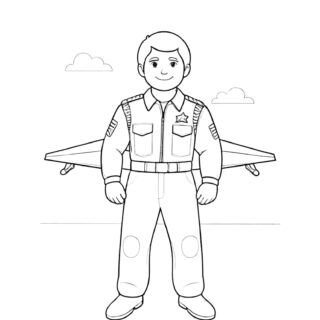 Comic pilot figure standing with airplane wings in the background. Fun coloring page for kids featuring a pilot and aircraft theme.