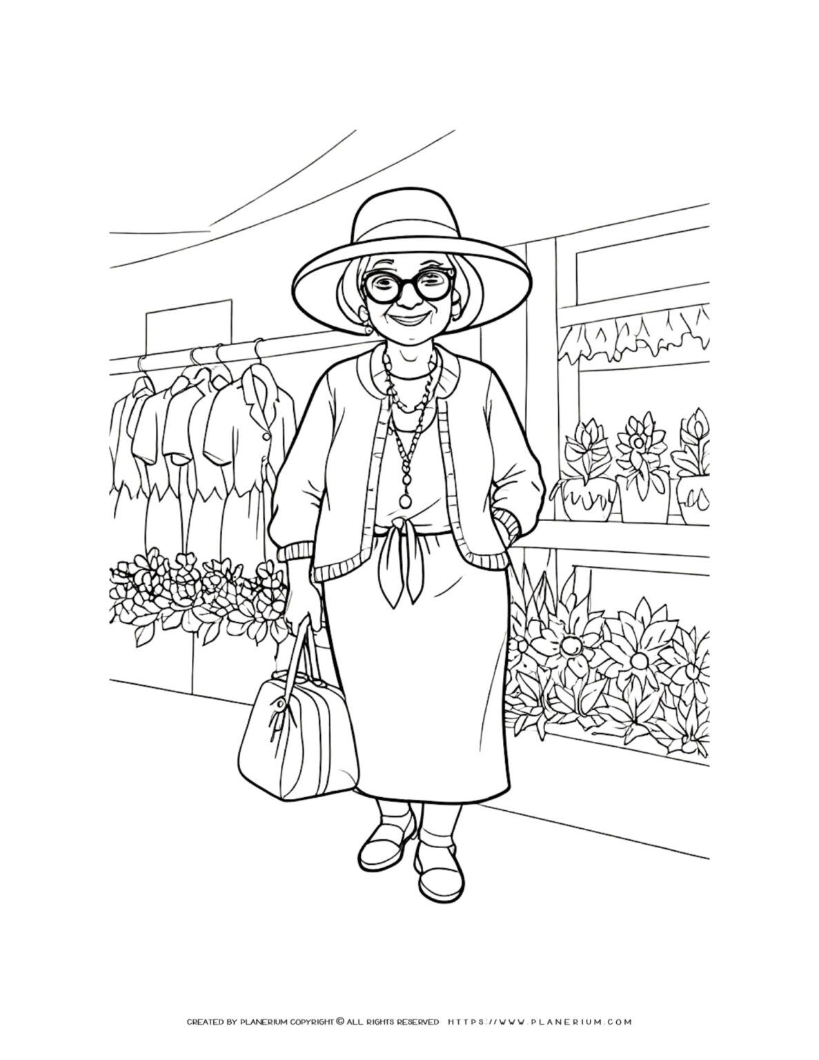 Comic happy old lady with hat holding bag in shop coloring sheet. Fun and detailed design for all ages to enjoy.