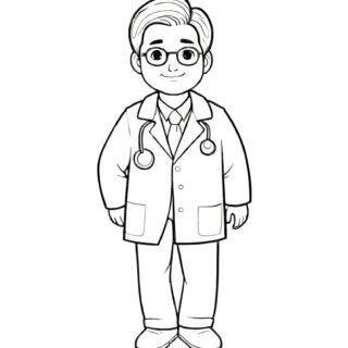 Comic doctor character with glasses standing outline coloring page for kids. Perfect for creative activities and entertainment.