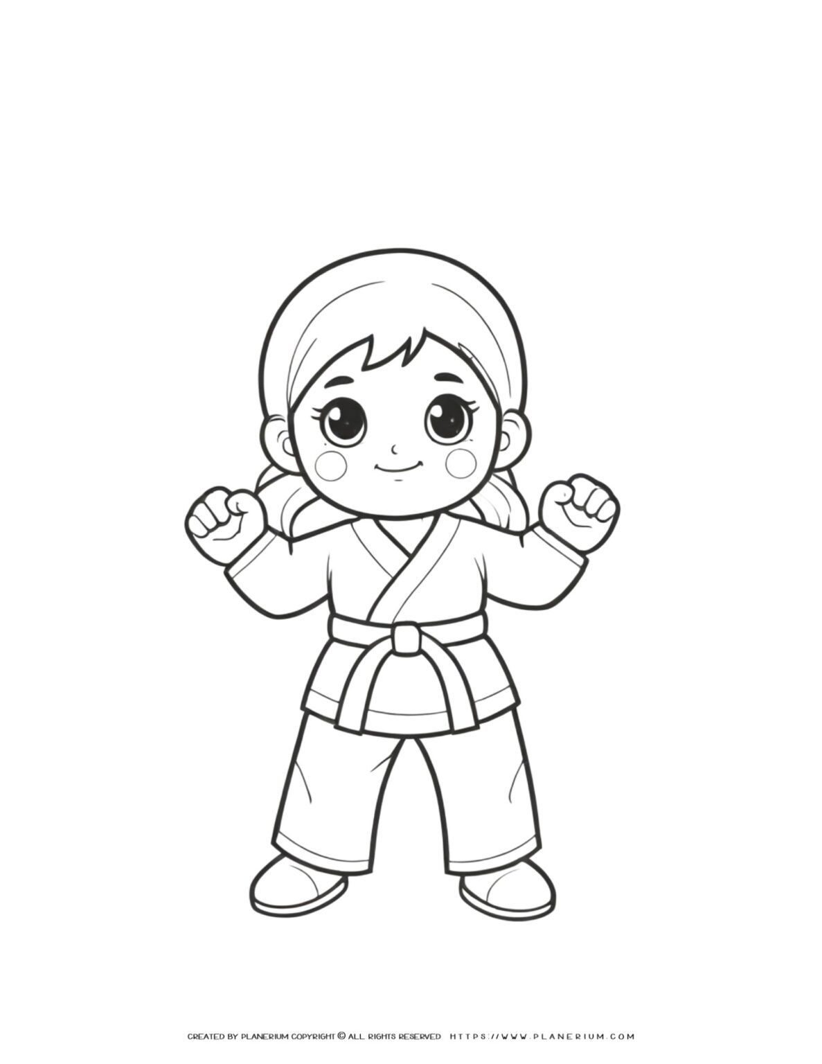 Karate girl comic illustration coloring page featuring a strong female character striking a pose. Ideal for coloring enthusiasts.