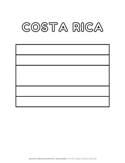 Costa Rica flag coloring page for kids to learn about
Central American country's national symbol. Perfect for educational
activities and crafts.