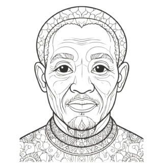 Detailed coloring page of an African old male portrait illustration from the front view. African old man coloring sheet.