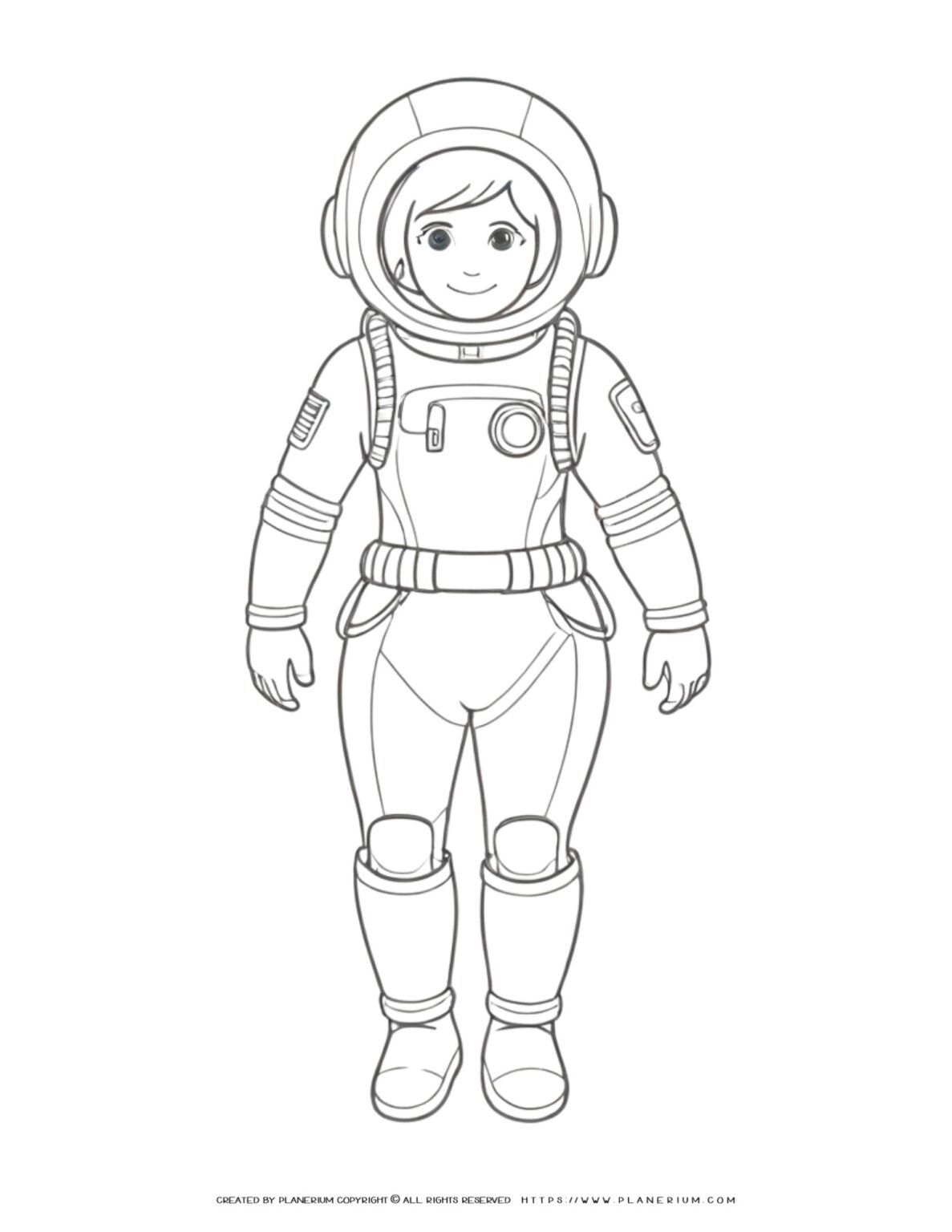 Illustration of a female astronaut in full body coloring page, perfect for kids and space enthusiasts. Ideal for educational purposes and creative projects.