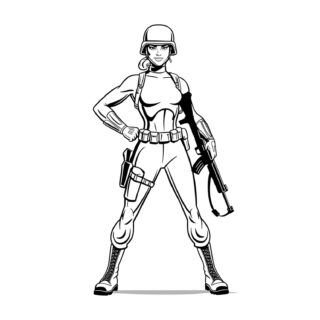 Female soldier in full uniform holding a gun coloring page. Perfect for kids who love military and army themes. Ideal for coloring enthusiasts.