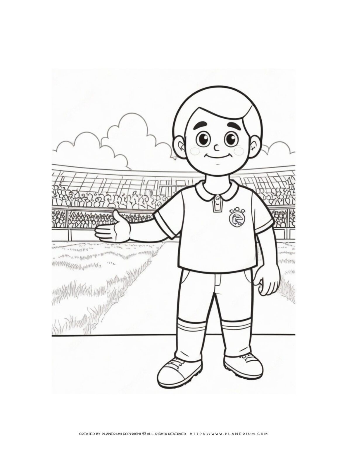 Soccer player coloring page illustration on the field for kids to enjoy and get creative with sports theme.