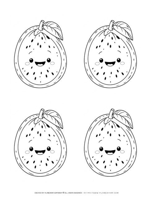 Four kawaii fruit coloring pages