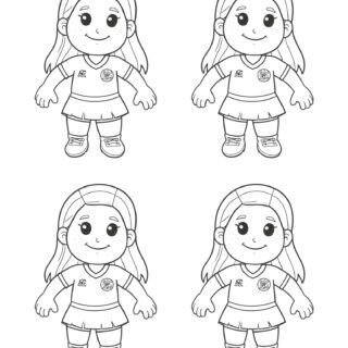 Four identical comic soccer girls players standing in outline, ready for action on the field. Perfect for sports-themed designs and projects.