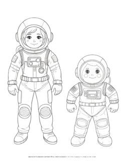 Astronaut boy and girl coloring page illustration for kids, space theme activity, printable astronaut characters for children's art projects.