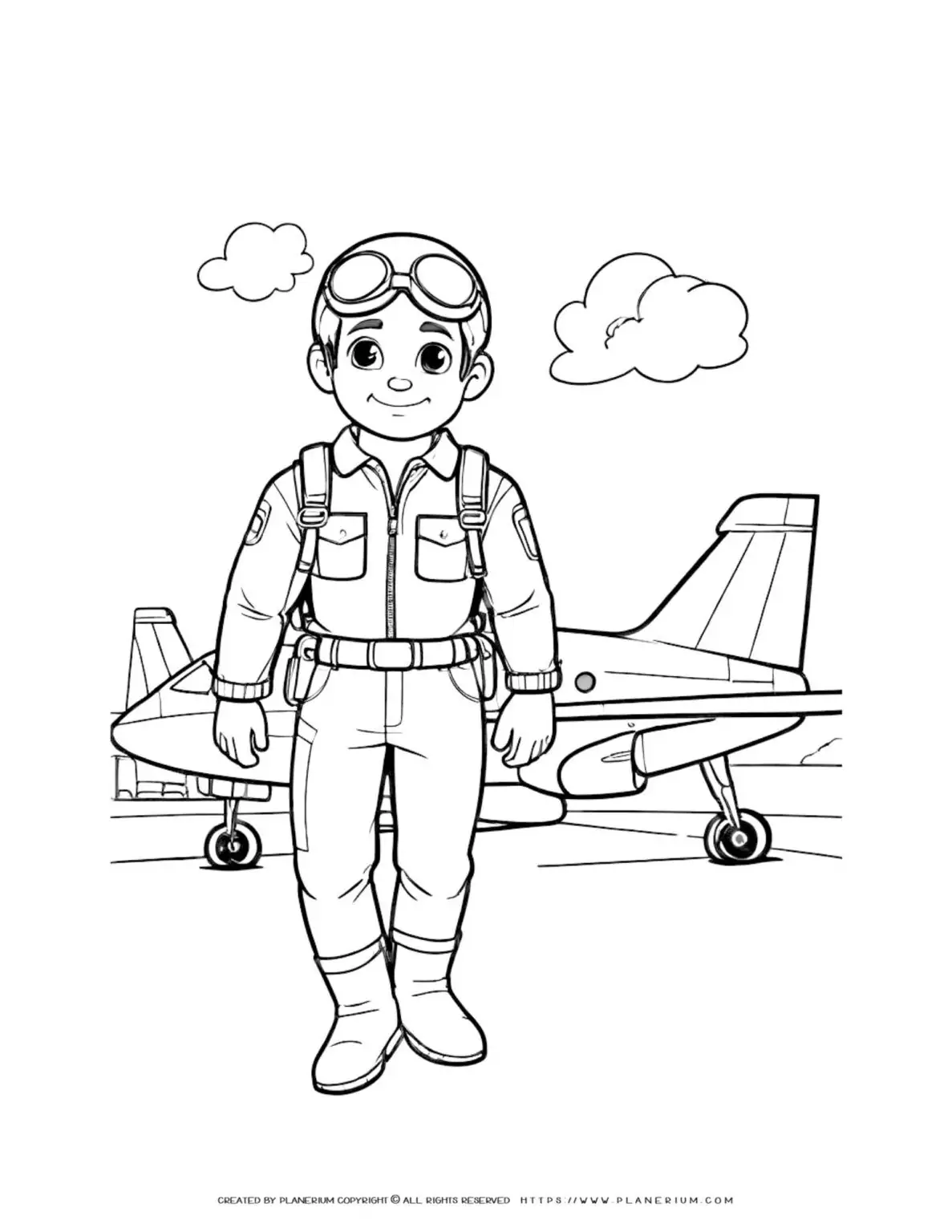 Pilot Coloring Picture Happy Pilot Figure Coloring Page with Plane Outline Illustration