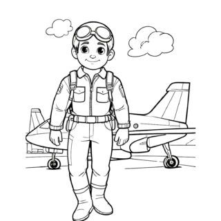 Coloring page of a cheerful pilot figure with a plane in the background. Ideal for kids who love aviation and adventure.
