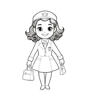 Cheerful flight attendant woman carrying bags in comic style coloring page. Full body front view illustration. Ideal for aviation enthusiasts.