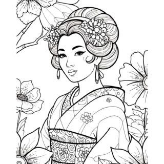 Coloring page of woman in traditional attire with flowers.