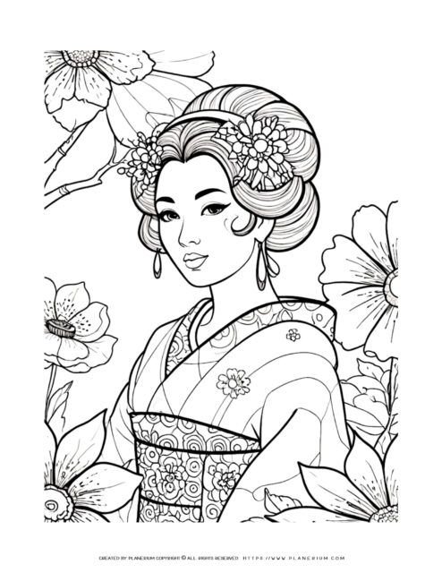 Coloring page of woman in traditional attire with flowers.