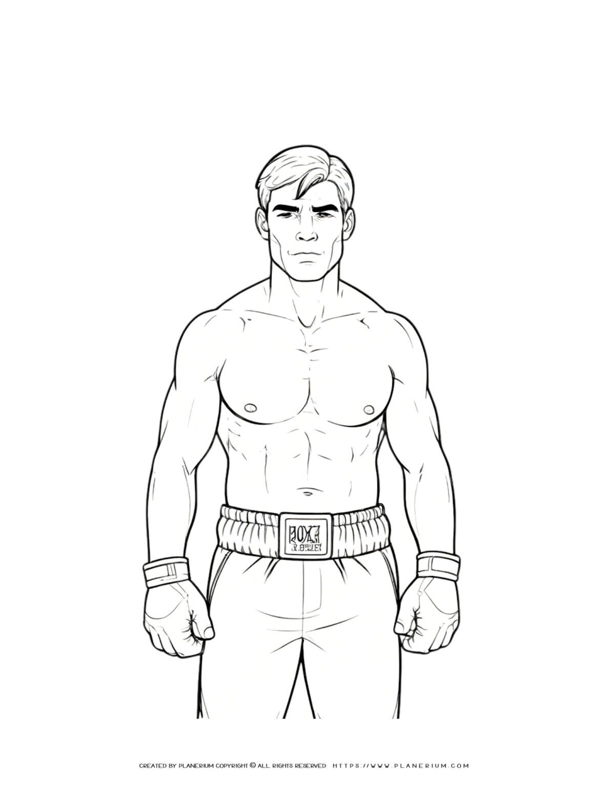 Coloring page of male boxer in front view, perfect for kids and adults. Ideal for sports enthusiasts and boxing fans. Great for relaxation and creativity.