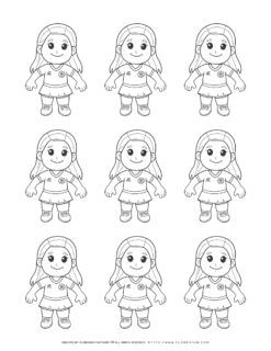 Nine identical comic soccer girls players standing outlines for sports team concept illustration.