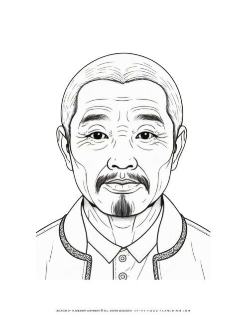 Chinese elderly man with a beard in a front view portrait illustration coloring page. Traditional Asian character drawing.