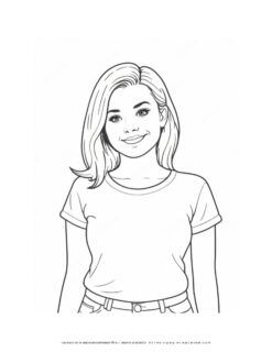 Sketch of a smiling girl in a t-shirt.