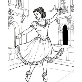 Ballet dancer posing in front of old buildings.