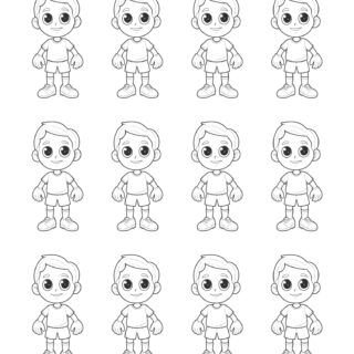 Comic soccer boys players standing outlines, twelve identical characters with unique features, ready for action on the field.