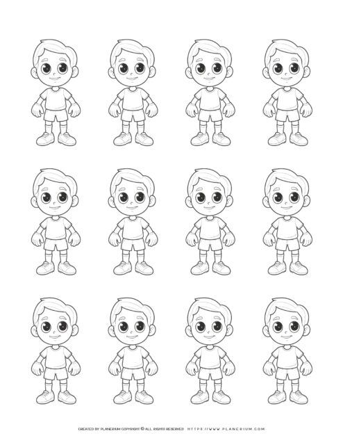Comic soccer boys players standing outlines, twelve identical characters with unique features, ready for action on the field.