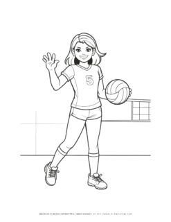Female volleyball player standing with ball coloring page, sports coloring sheet for kids, printable volleyball activity for children.