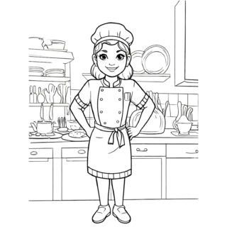 Chef character coloring page in a kitchen.