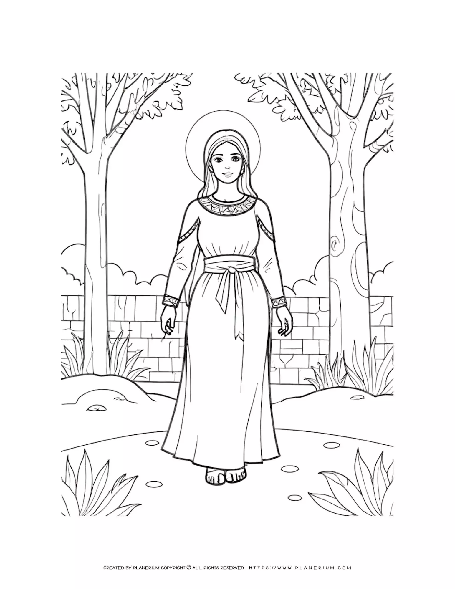 Coloring Page: Biblical Robe Woman in Garden – Educational Fun