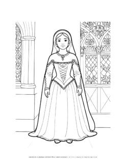 Renaissance woman in gown with palace background historical illustration coloring page. Ideal for history enthusiasts and art lovers.