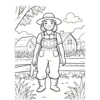Female farmer working on farm coloring page for kids. Agricultural activities illustration for children. Educational and fun coloring sheet.