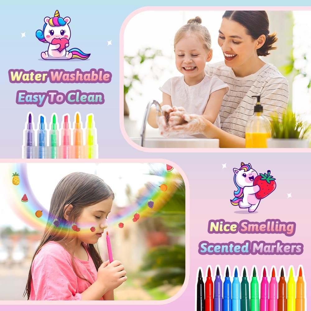 Beefunni Unicorn Fruit Scented Markers: 56pcs Vibrant Color Set for Art Supplies, Homeschool Crafts, and Creative Drawing Projects.