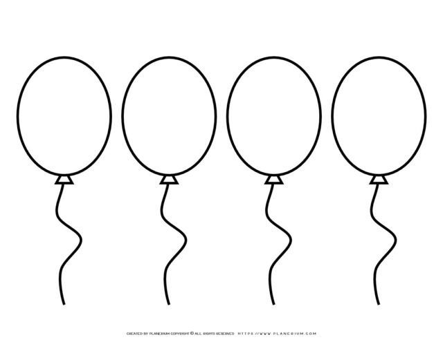 Four outlined balloons with strings